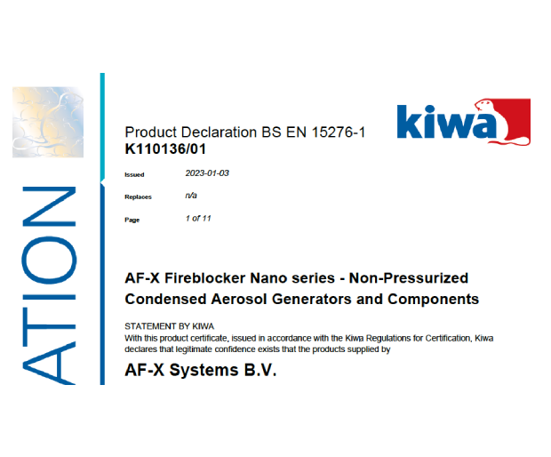 Fixed firefighting systems. Condensed aerosol extinguishing systems BS EN 15276-1